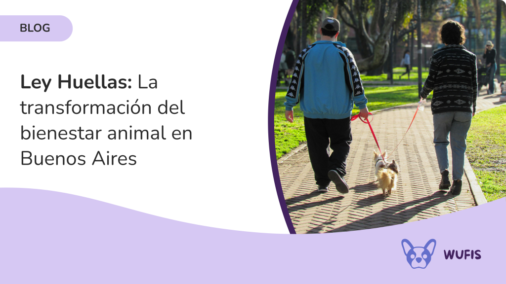 Dos personas paseando un perro con correa roja en un parque de Buenos Aires, representando la convivencia responsable que promueve la Ley Huellas.